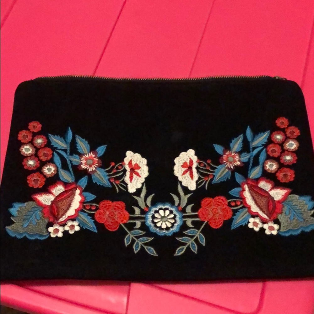 Large embroidered black clutch
